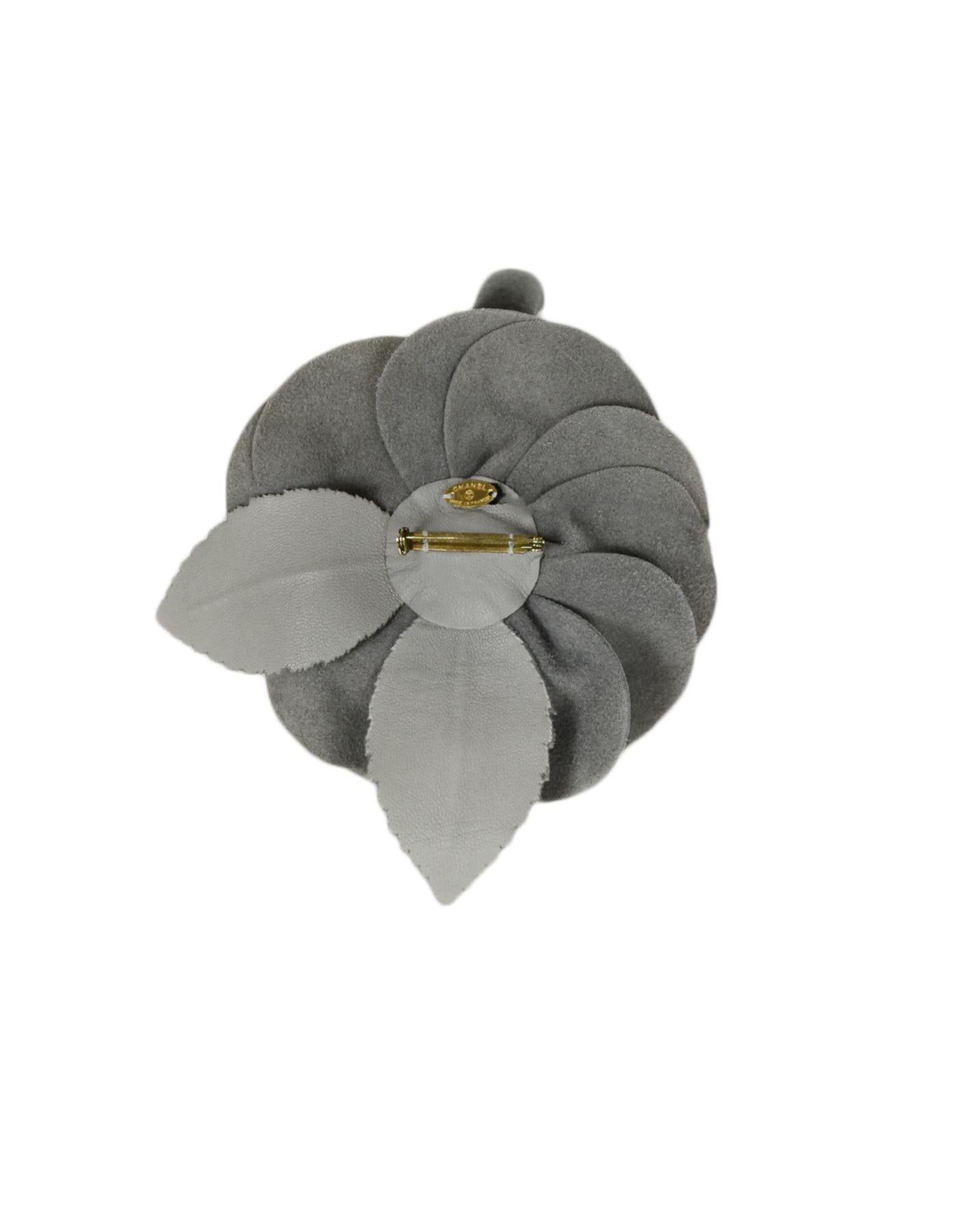 Chanel Grey Leather Camellia Brooch  In Excellent Condition In New York, NY