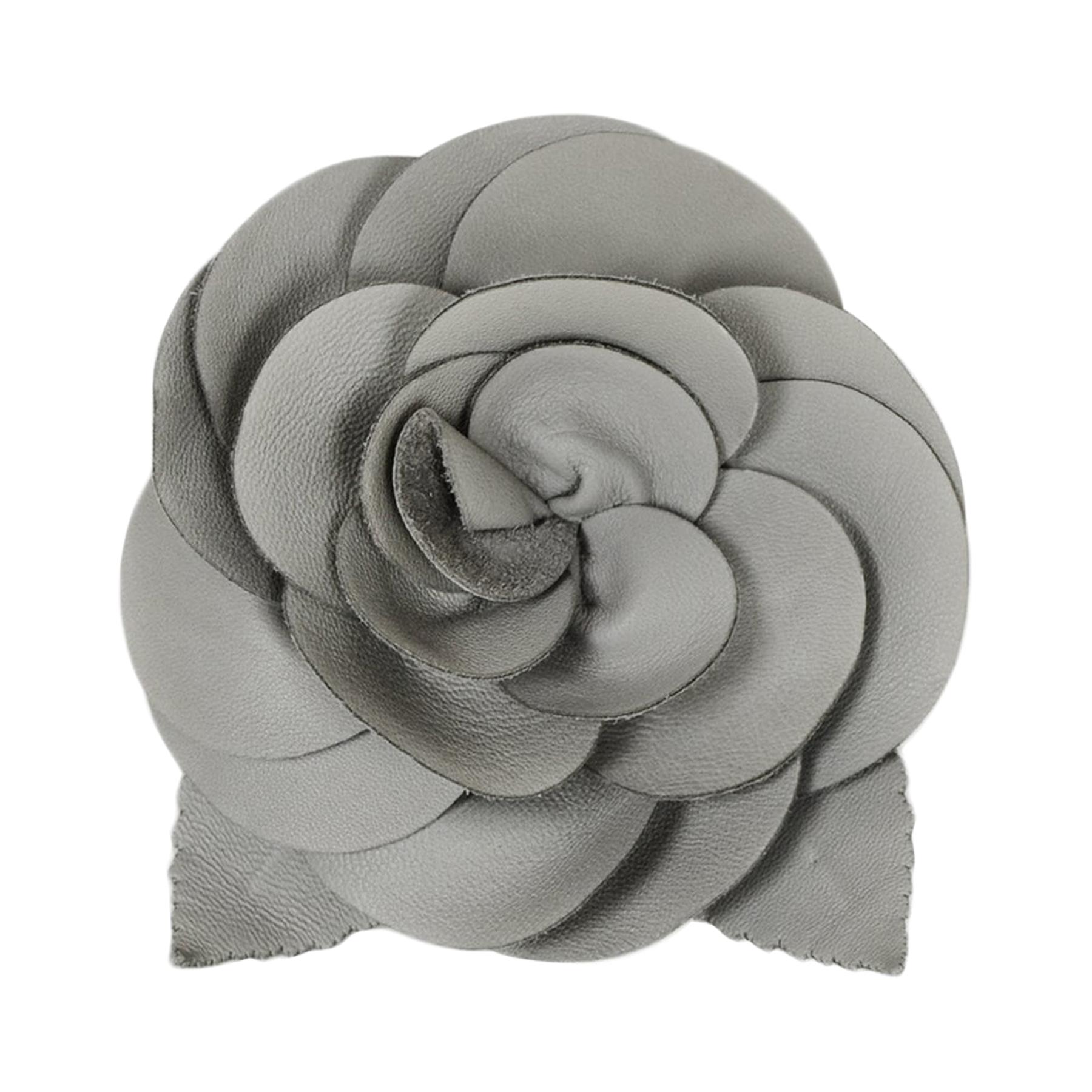 Chanel Grey Leather Camellia Brooch 
