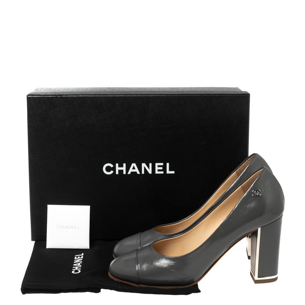 Women's Chanel Grey Leather Cap-Toe Block Heel Pumps Size 37.5