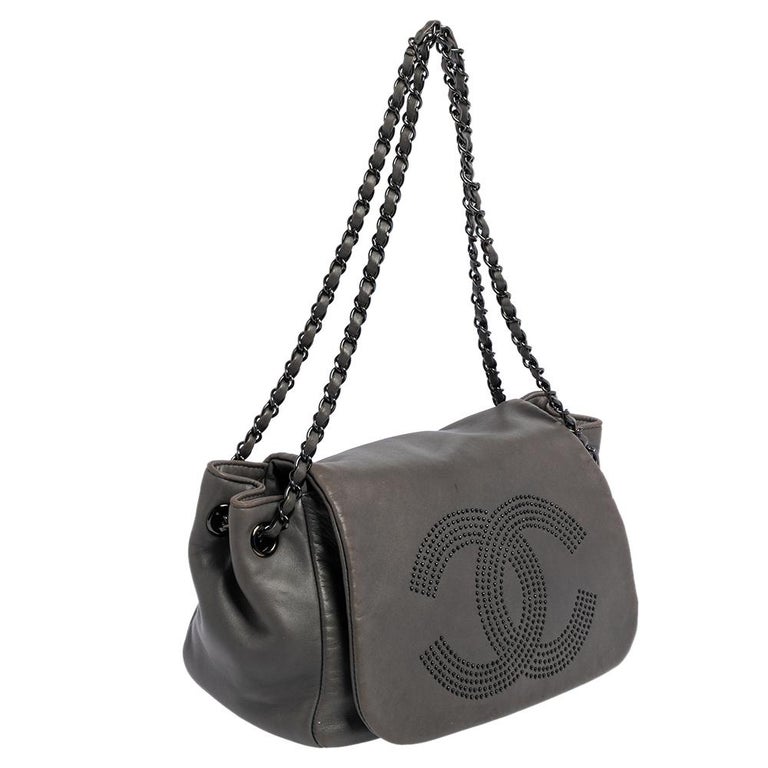 Chanel Grey Leather Studded CC Accordion Flap Bag at 1stDibs