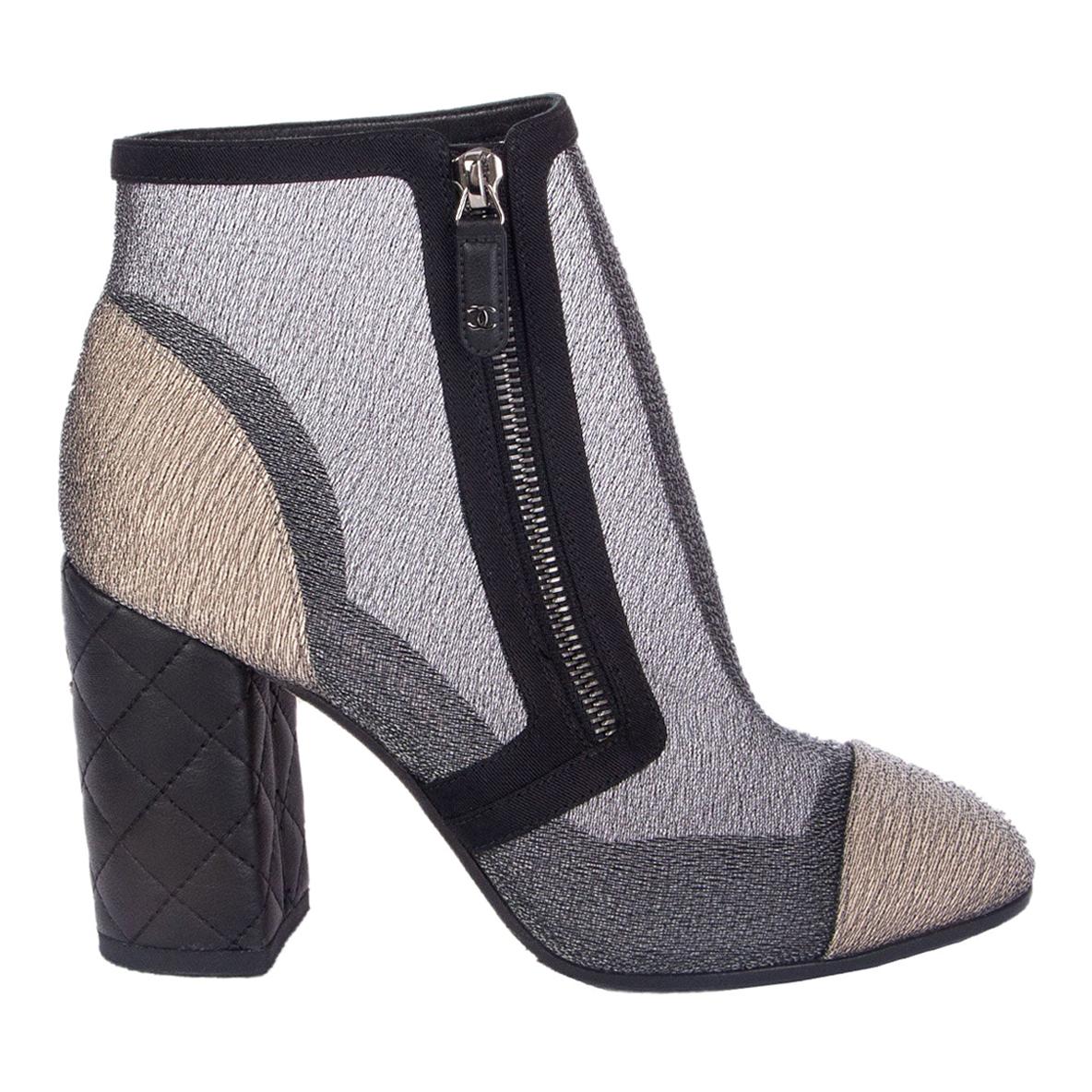 CHANEL grey meash & gold BLOCK HEEL ANKLE Boots Shoes 38.5