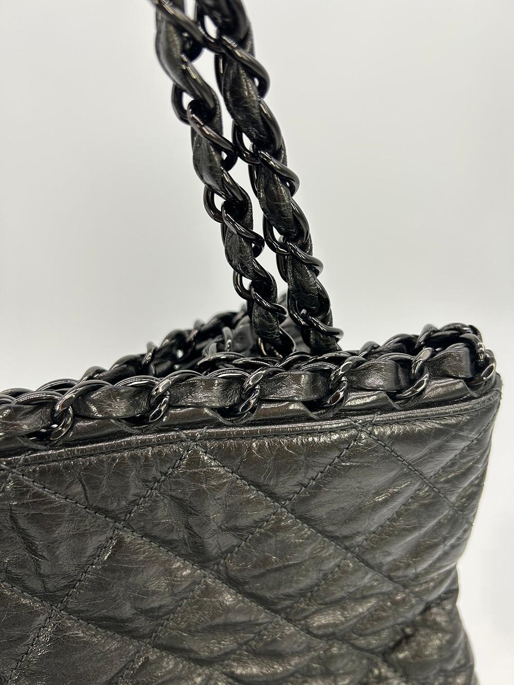 Chanel Grey Metallic Leather Chain Me Shoulder Bag Tote For Sale 10