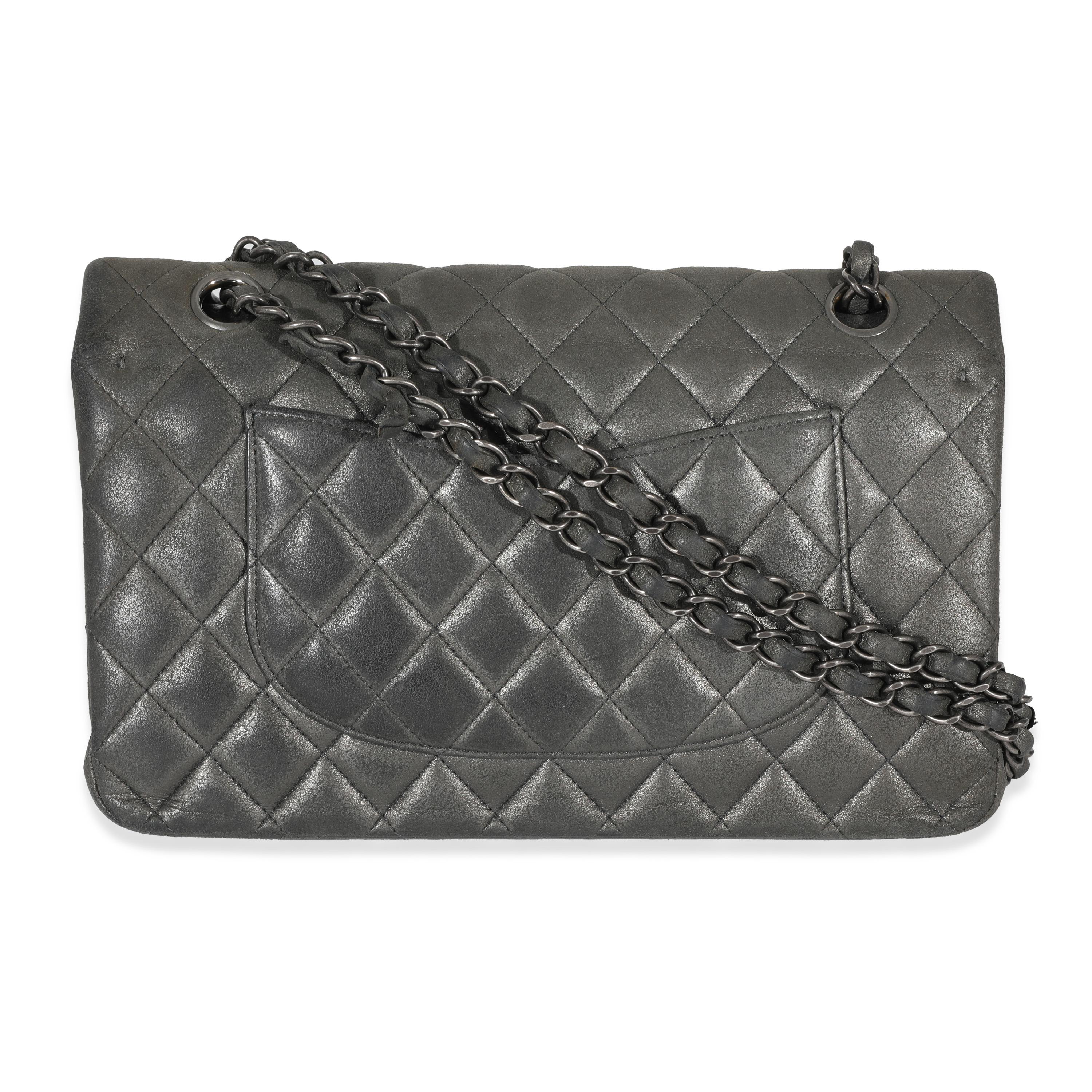 Chanel Grey Metallic Nubuck Medium Classic Double Flap In Excellent Condition For Sale In New York, NY
