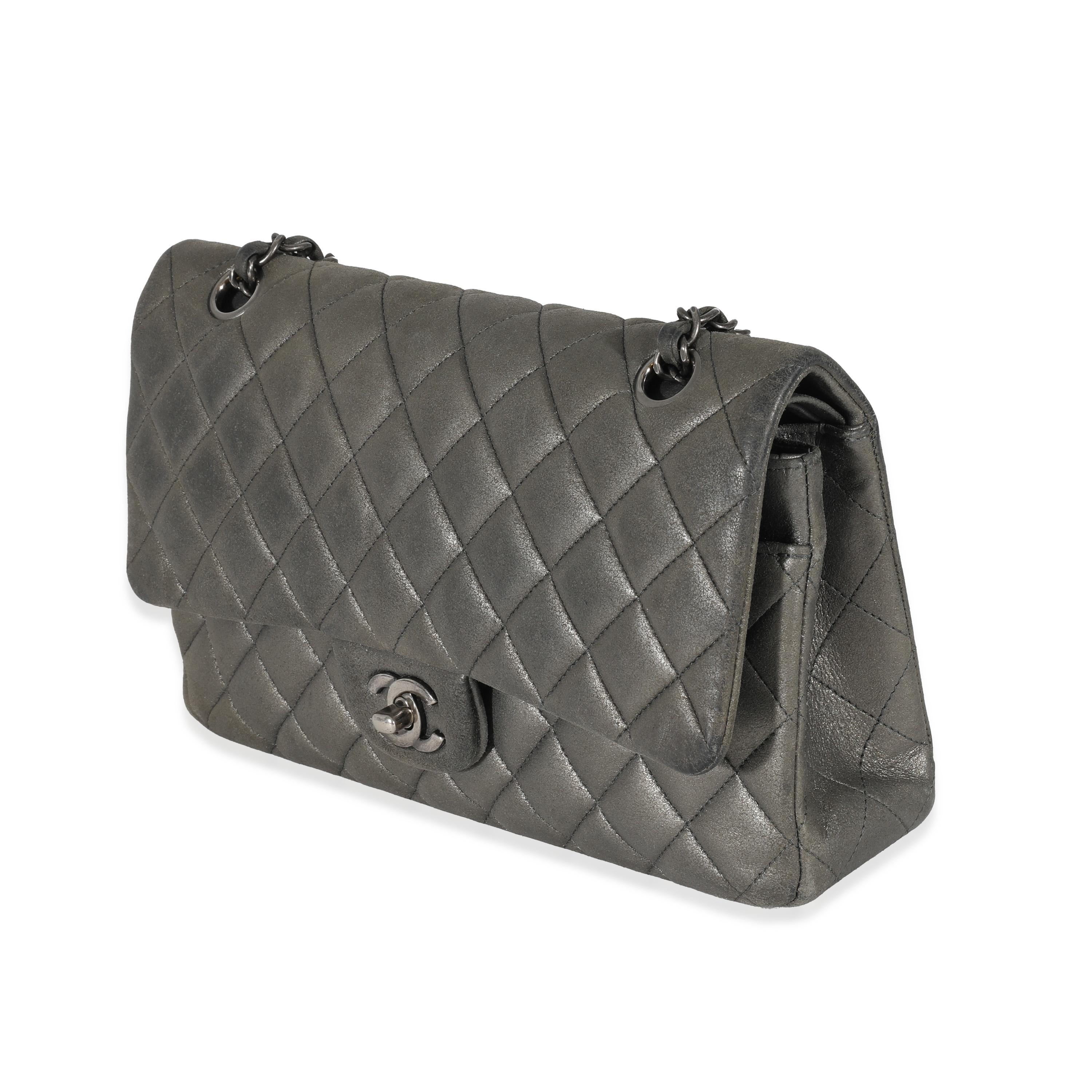 Women's or Men's Chanel Grey Metallic Nubuck Medium Classic Double Flap For Sale