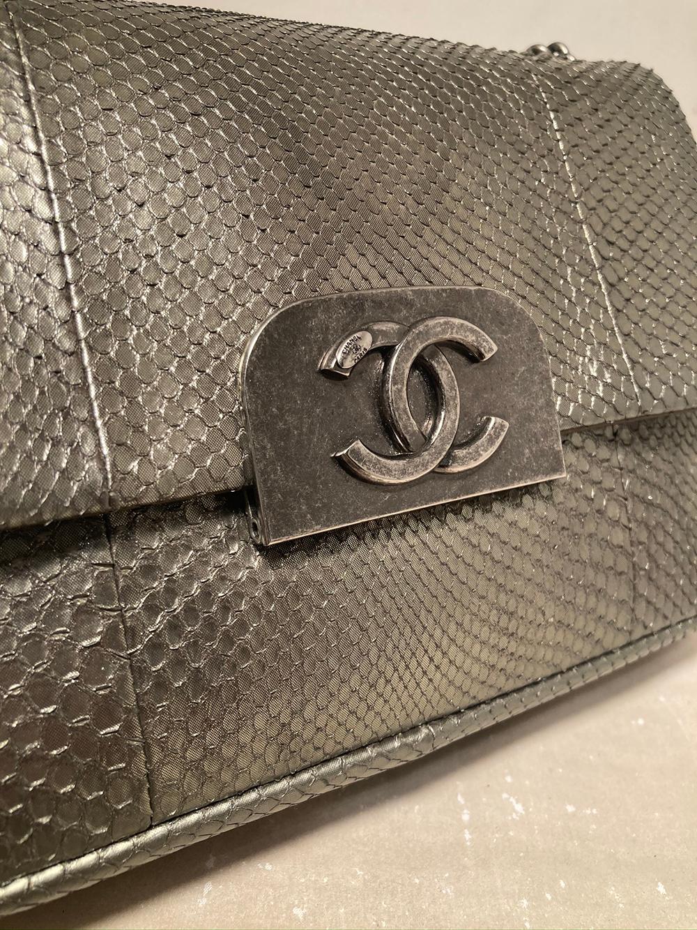 Women's Chanel Grey Metallic Python Shanghai Flap Bag 