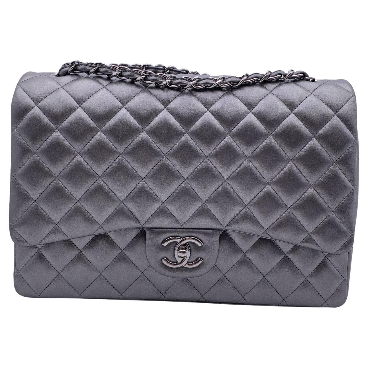 Chanel Grey Metallic Quilted Leather Classic Maxi Double Flap Bag