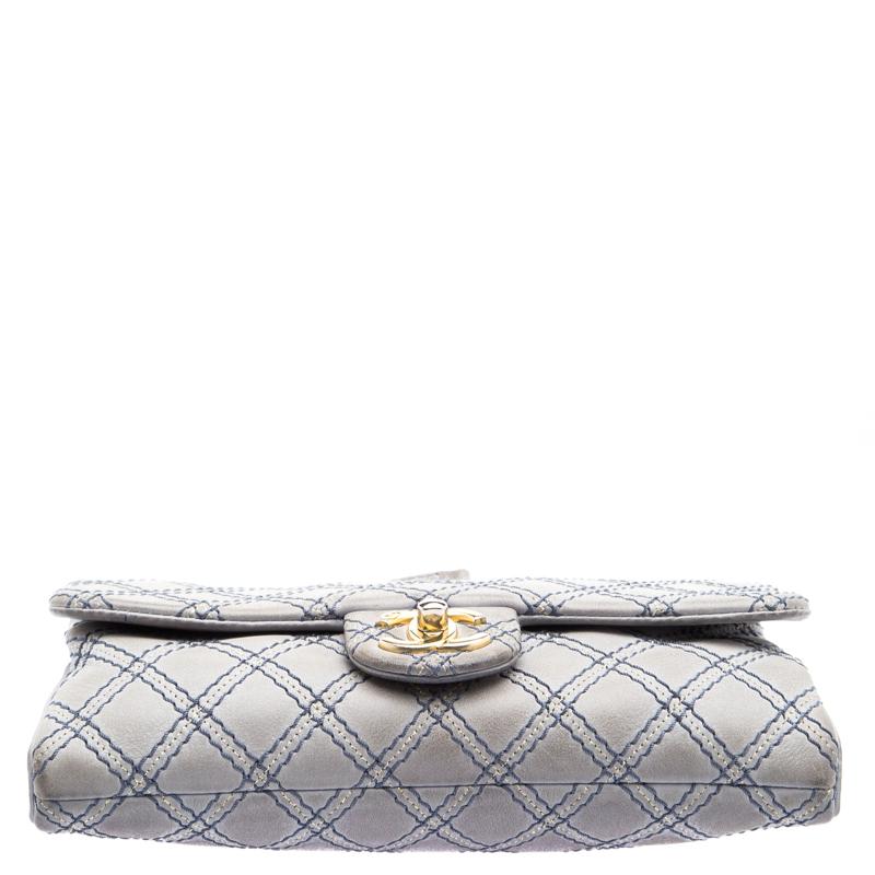 Women's Chanel Grey Metallic Stitch Leather Small Classic Flap Bag