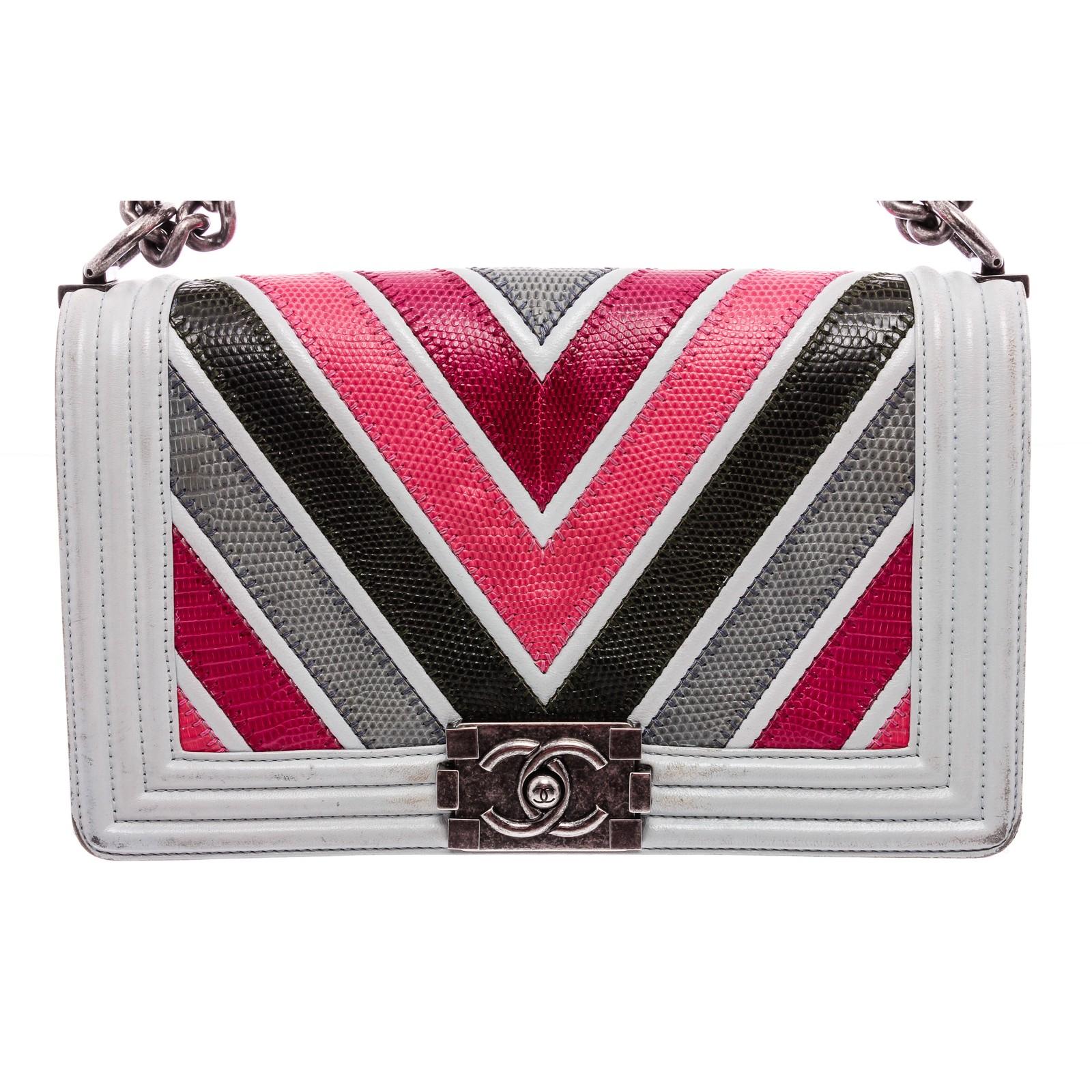 Pink and multicolor chevron quilted lizard Chanel Medium Boy Bag with antiqued ruthenium hardware, convertible chain-link shoulder strap with leather shoulder guard, light blue lambskin trim, black leather interior, single slit pocket at interior