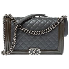Chanel Grey/Olive Green Quilted Leather and Patent Leather New Medium Boy Flap B
