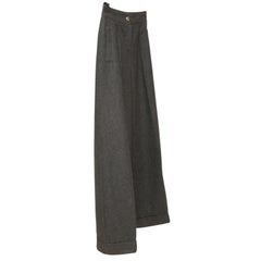 CHANEL Pants Grey Trousers Wide Leg Wool Cuffed Silver Button Silk Lining Sz 40