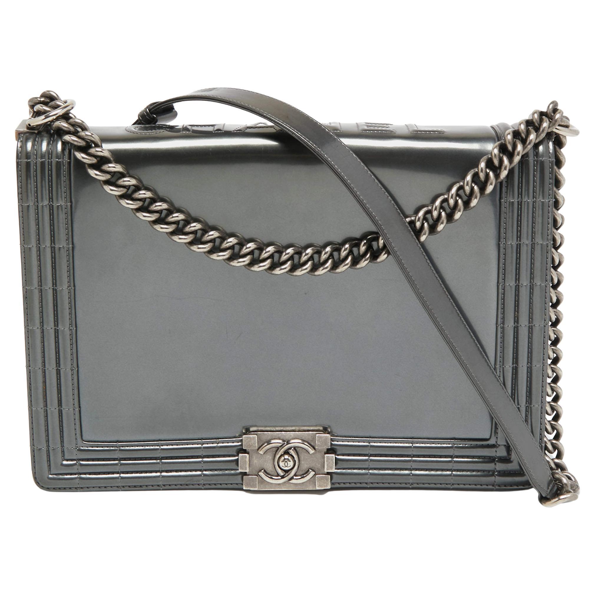 Chanel Grey Patent Leather Large Reverso Boy Flap Bag For Sale at 1stDibs