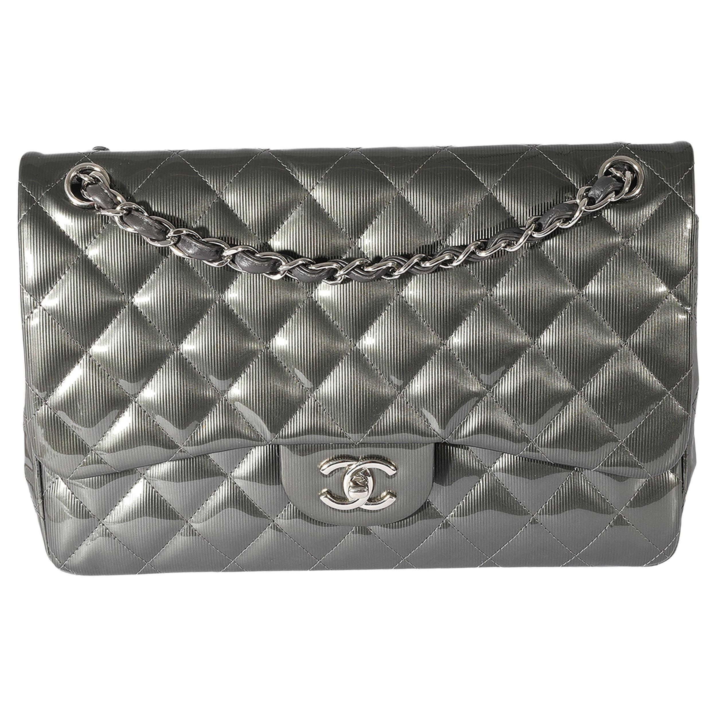Chanel Grey Patent Leather Stripe Jumbo Double Flap For Sale at