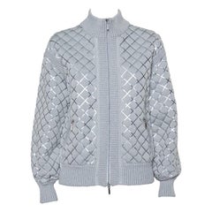 Chanel Grey Patterned Knit Zip Front Sweater M