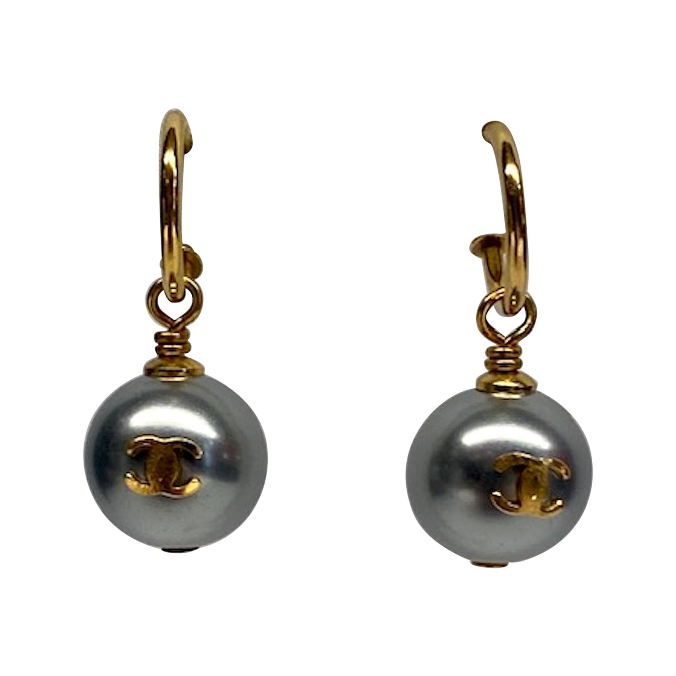 Chanel Grey Pearl Dangle Earrings