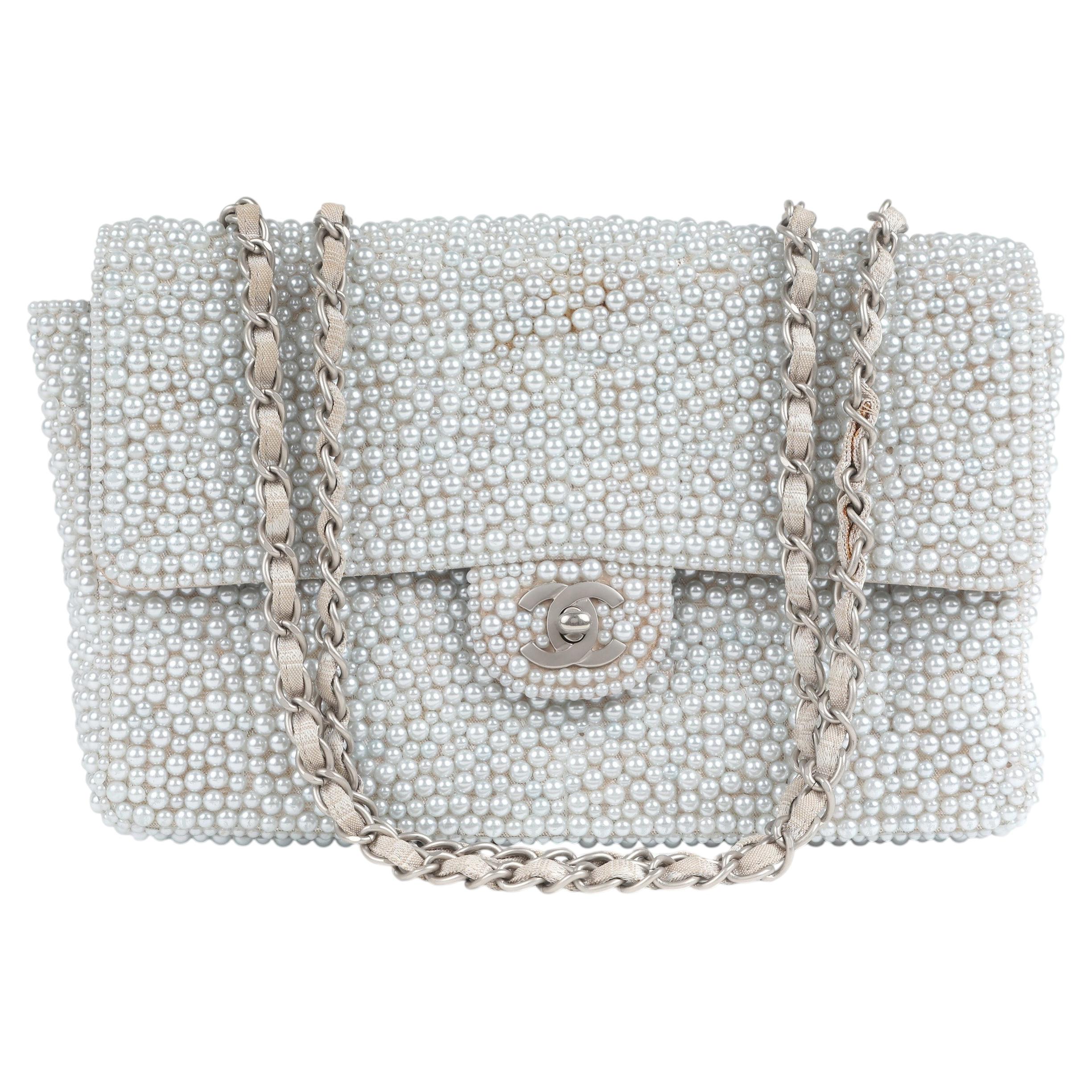 Chanel Medium Classic Embellished Grey Pearl Flap Bag with Silver HW