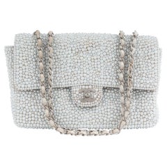 Chanel Grey Pearl Leather Medium Classic Flap Bag with Silver Hardware