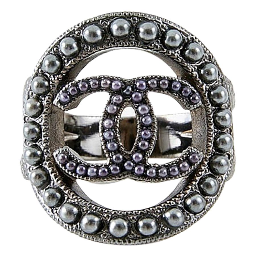 Chanel Grey Pearls Embellished CC  Ring. 