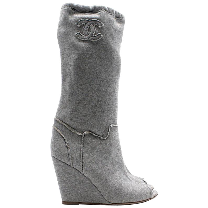 Chanel Grey Peep toe Wedge Boots 39
