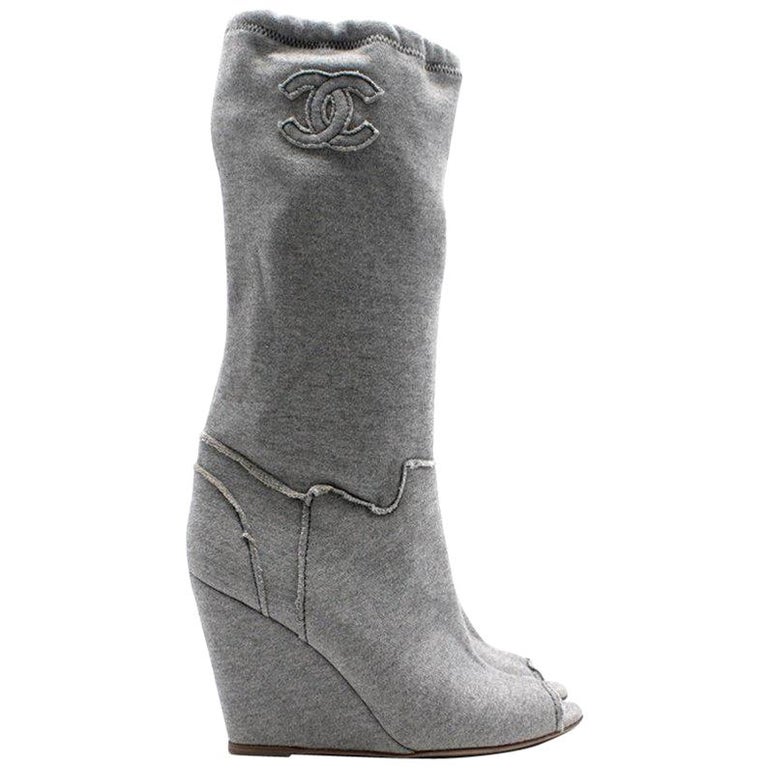Chanel Grey Peep toe Wedge Boots 39 at 1stDibs grey wedge boots