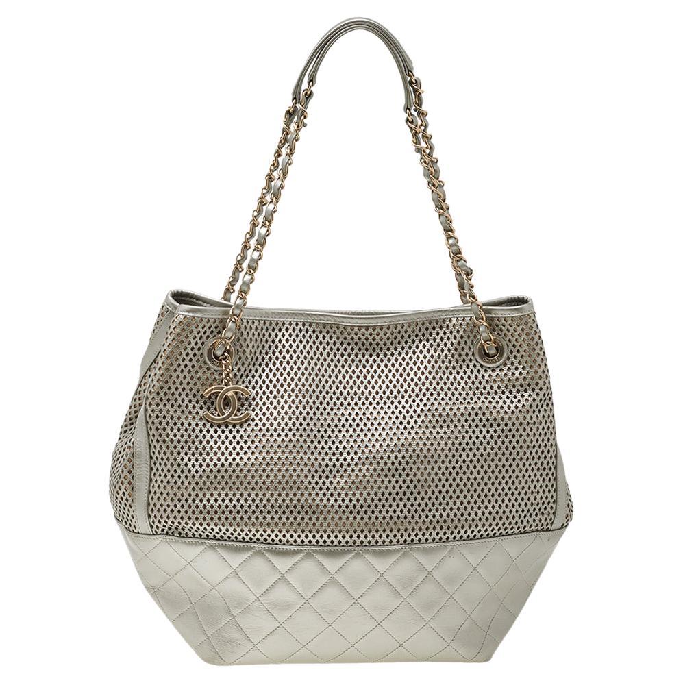 Chanel Grey Perforated Leather Up In The Air Tote