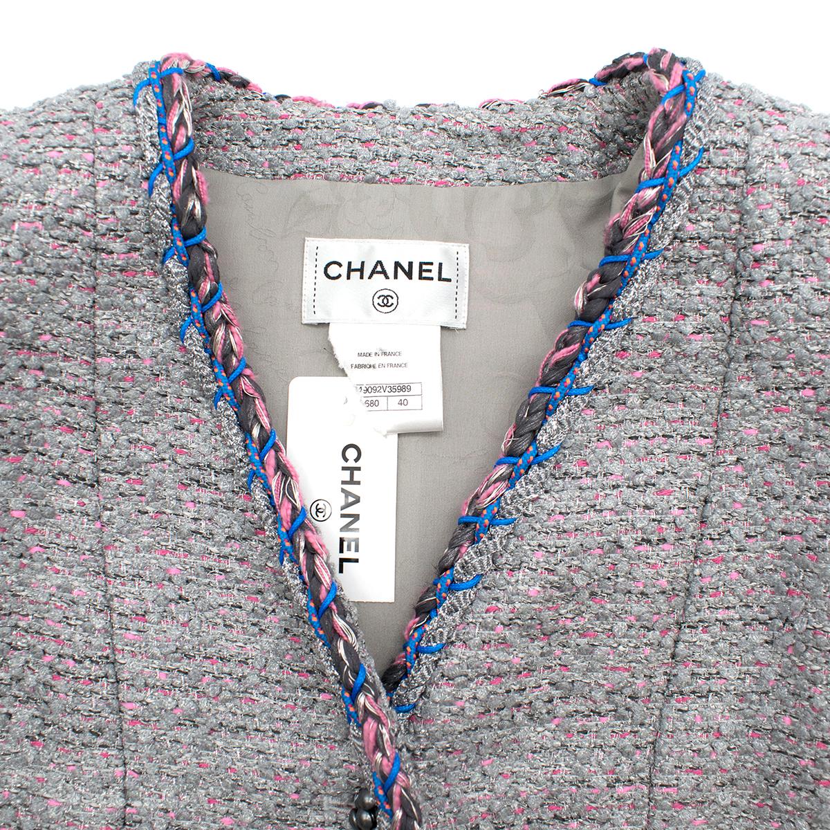 Gray Chanel Grey & Pink Metallic Tweed Knit Dress 40