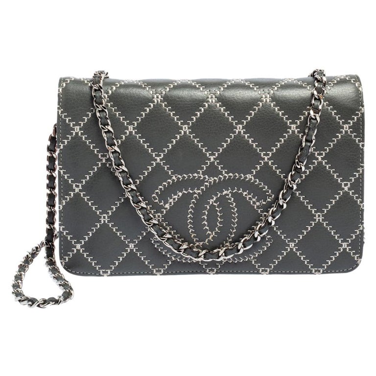 Chanel Grey/Pink Quilted Leather Wild Stitch CC Wallet on Chain at 1stDibs