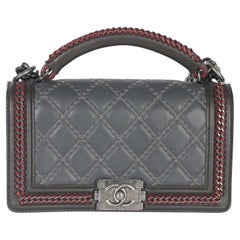 Chanel Grey Quilted Calfskin Interwoven Chain Top Handle Boy Bag