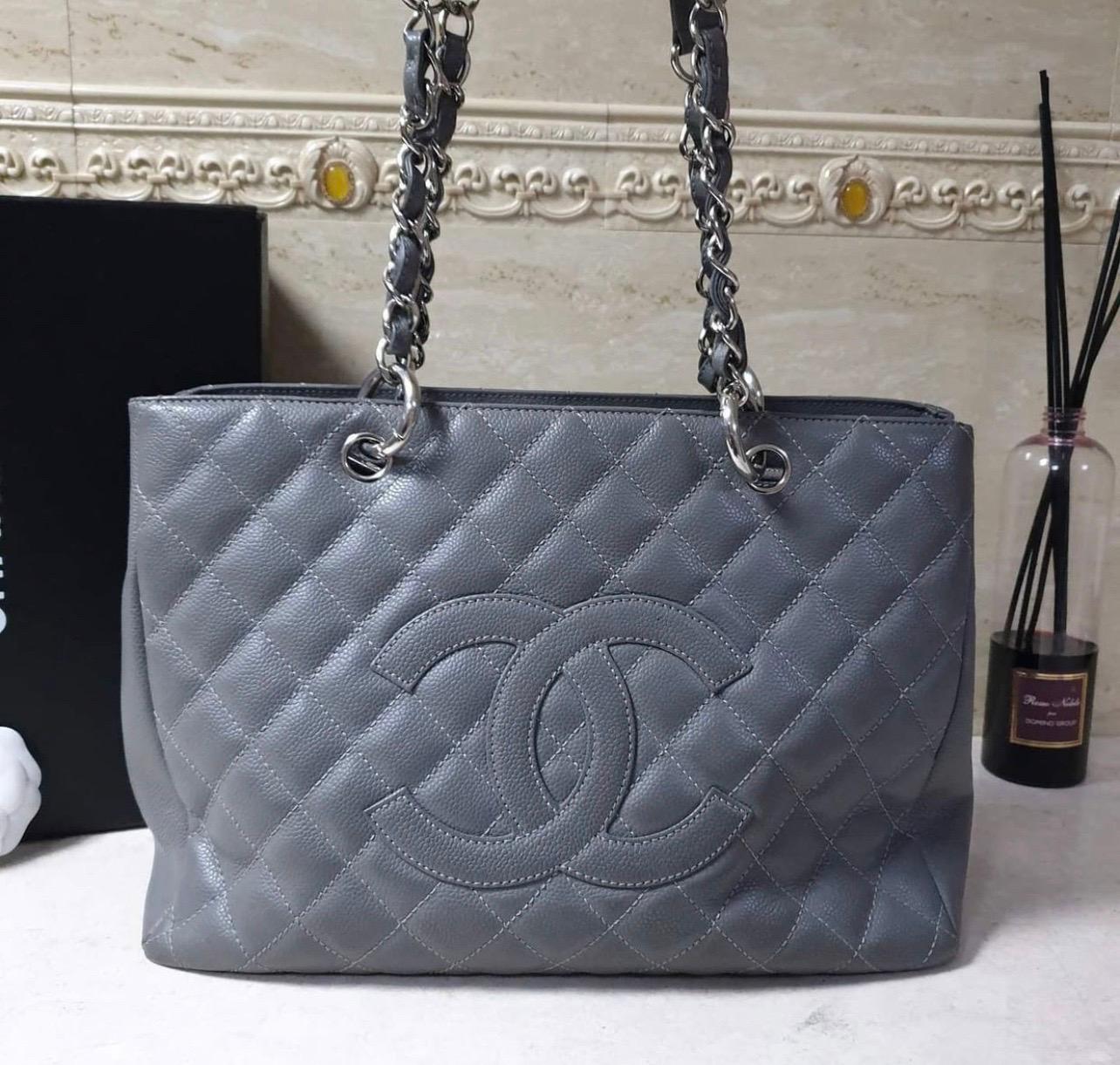 Chanel Grau Gesteppte Kaviar Leder Grand Einkaufstasche 5