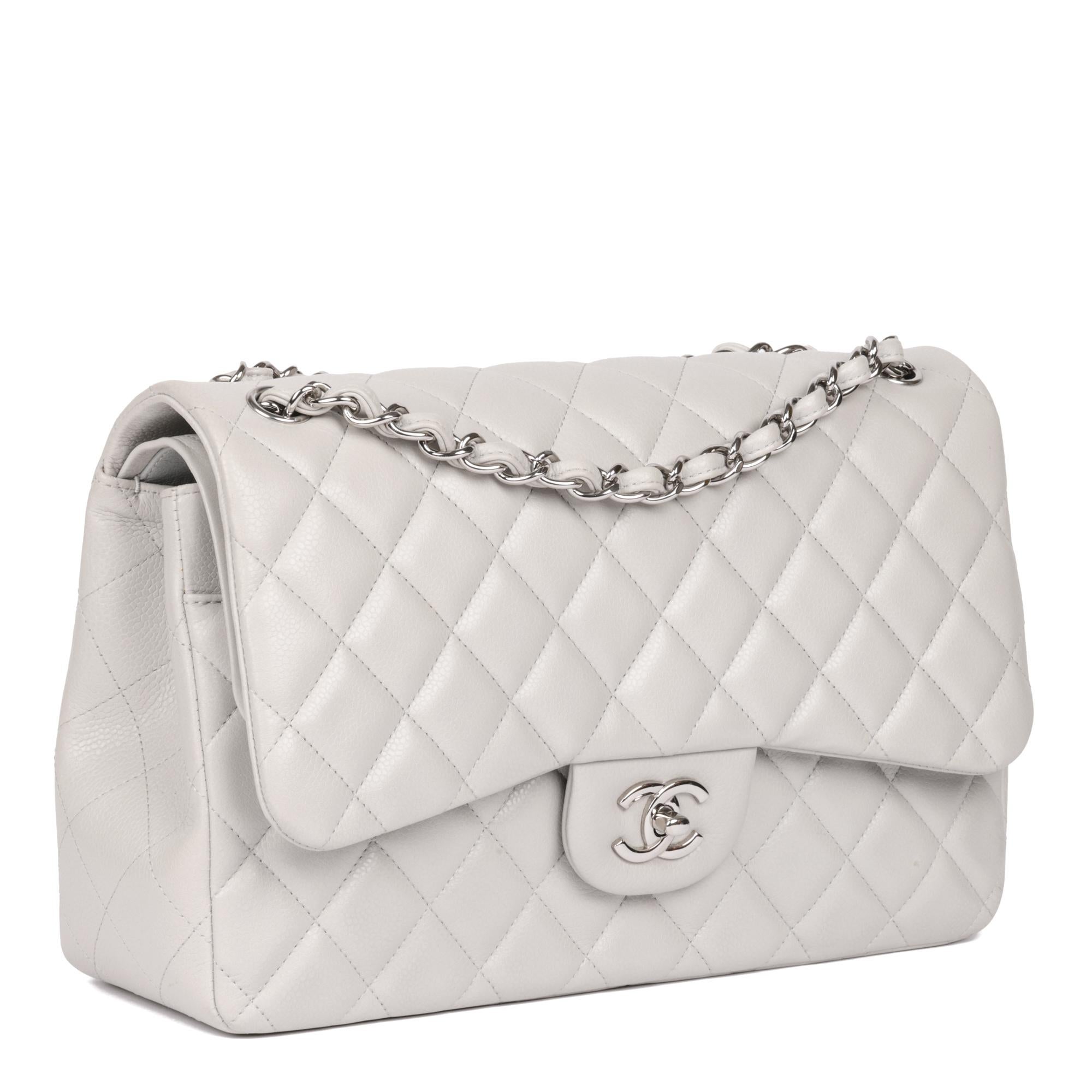 CHANEL
Grey Quilted Caviar Leather Jumbo Classic Double Flap Bag 

Xupes Reference: HB5044
Serial Number: 14895599
Age (Circa): 2011
Accompanied By: Chanel Dust Bag, Box, Care Booklet, Chanel Paper Bag, Ribbon, Protective Felt
Authenticity Details: