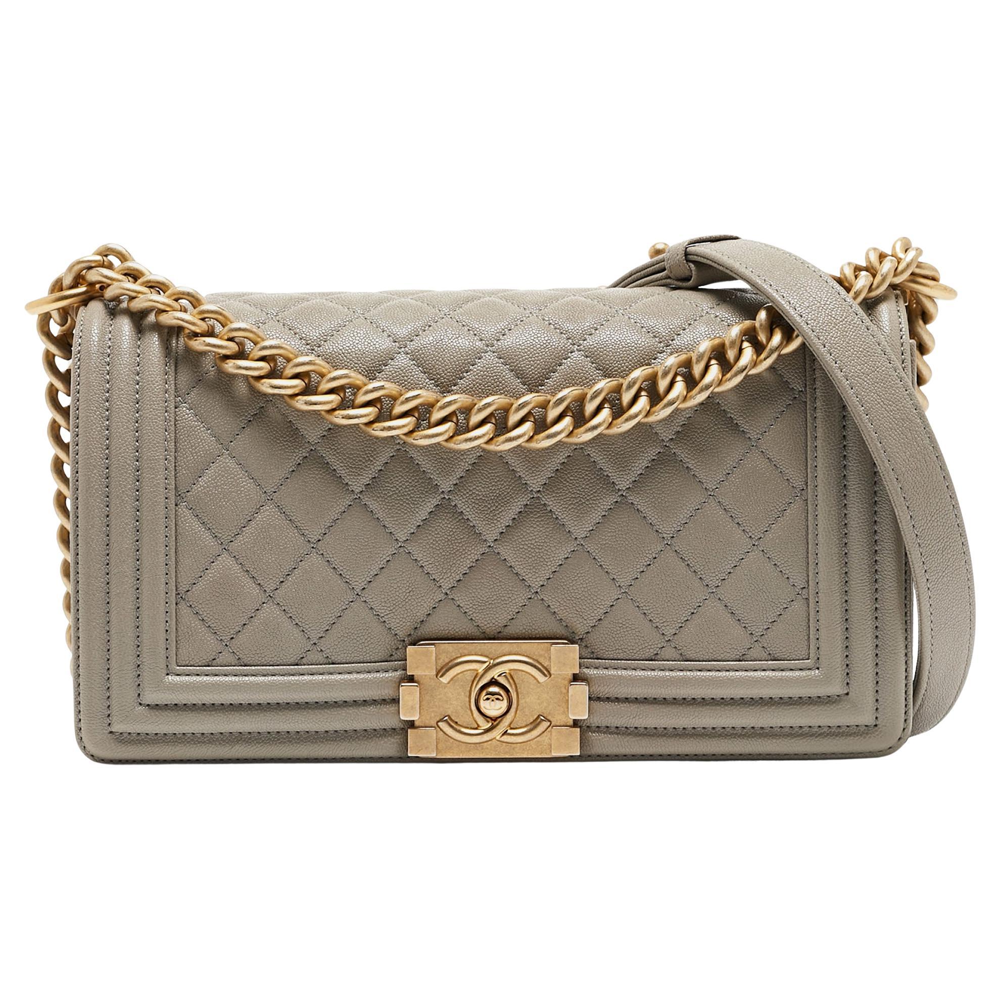 Chanel Grey Quilted Caviar Leather Medium Boy Flap Bag For Sale