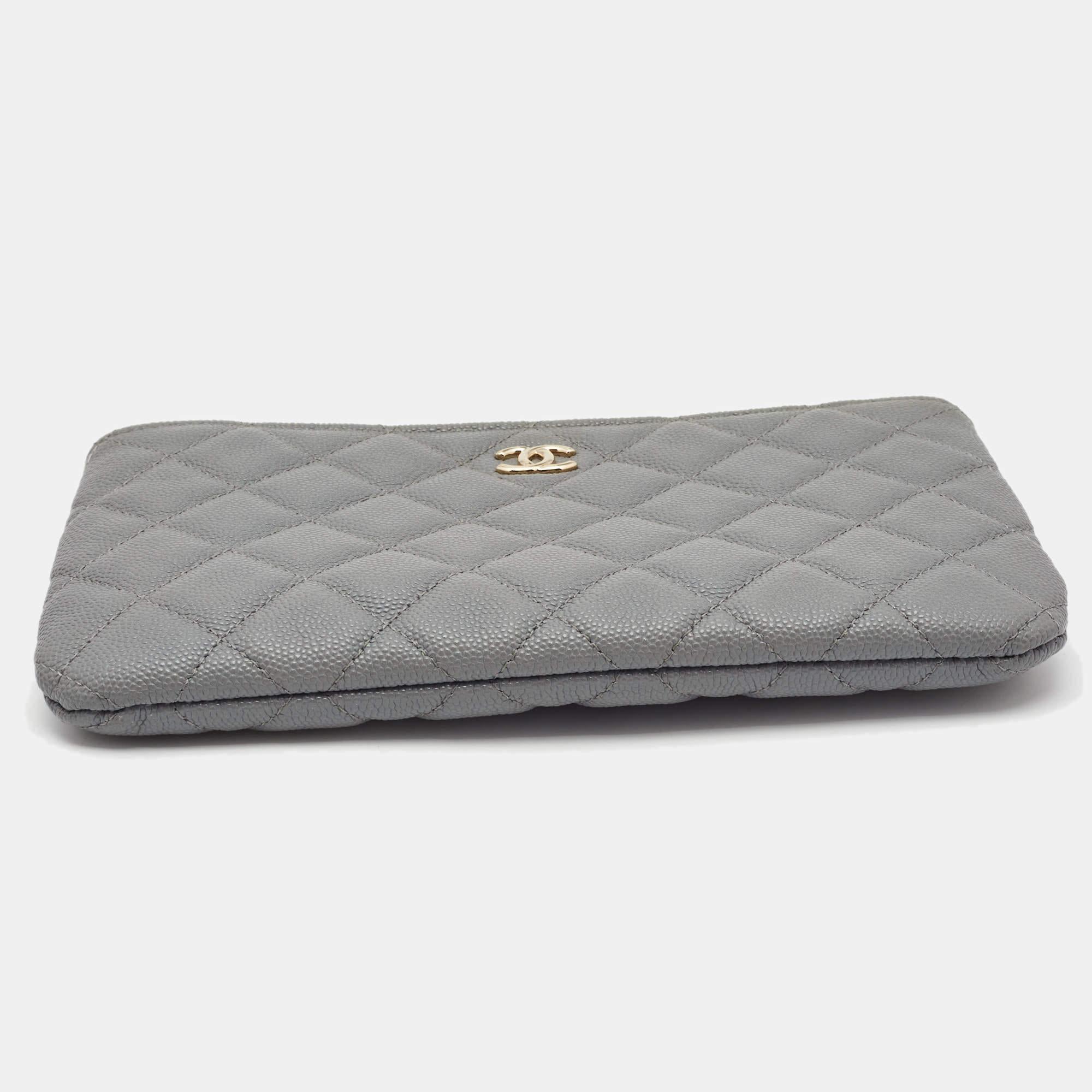 Chanel Grey Quilted Caviar Leather Medium O Case Zip Pouch 1