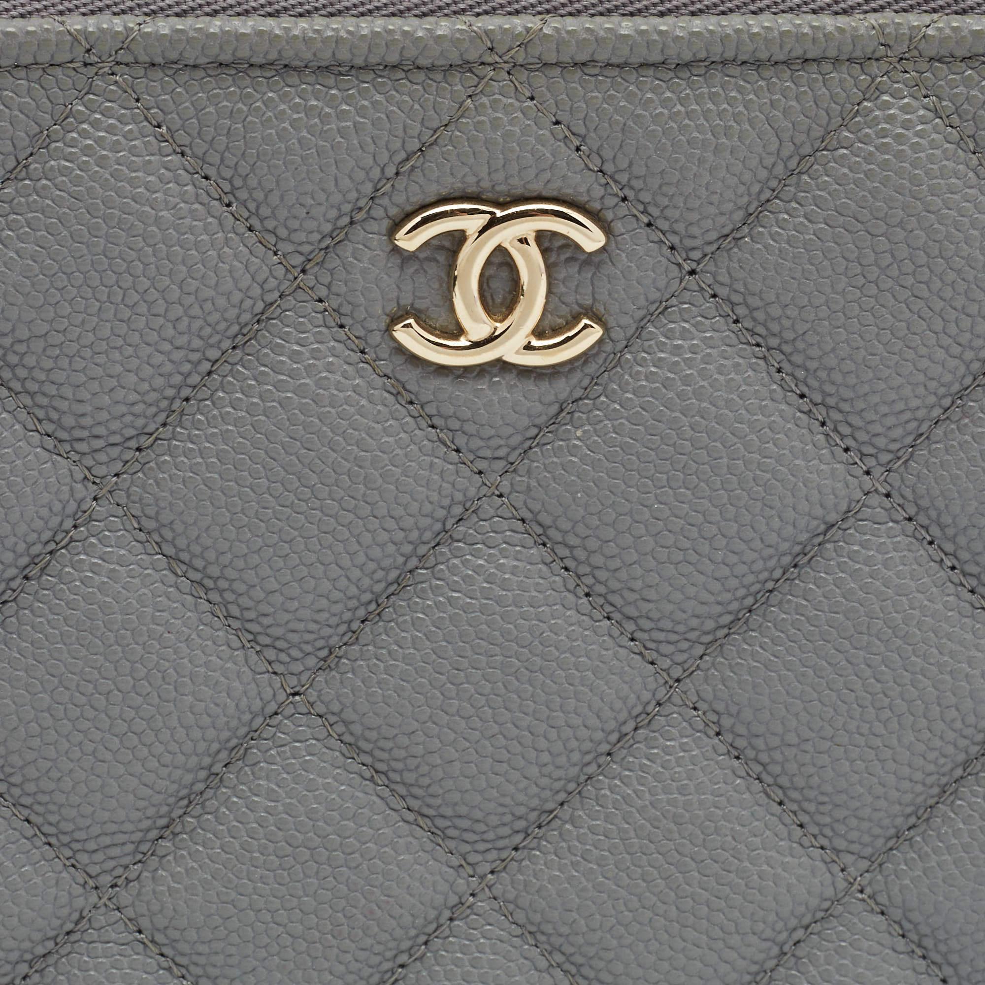 Chanel Grey Quilted Caviar Leather Medium O Case Zip Pouch 3