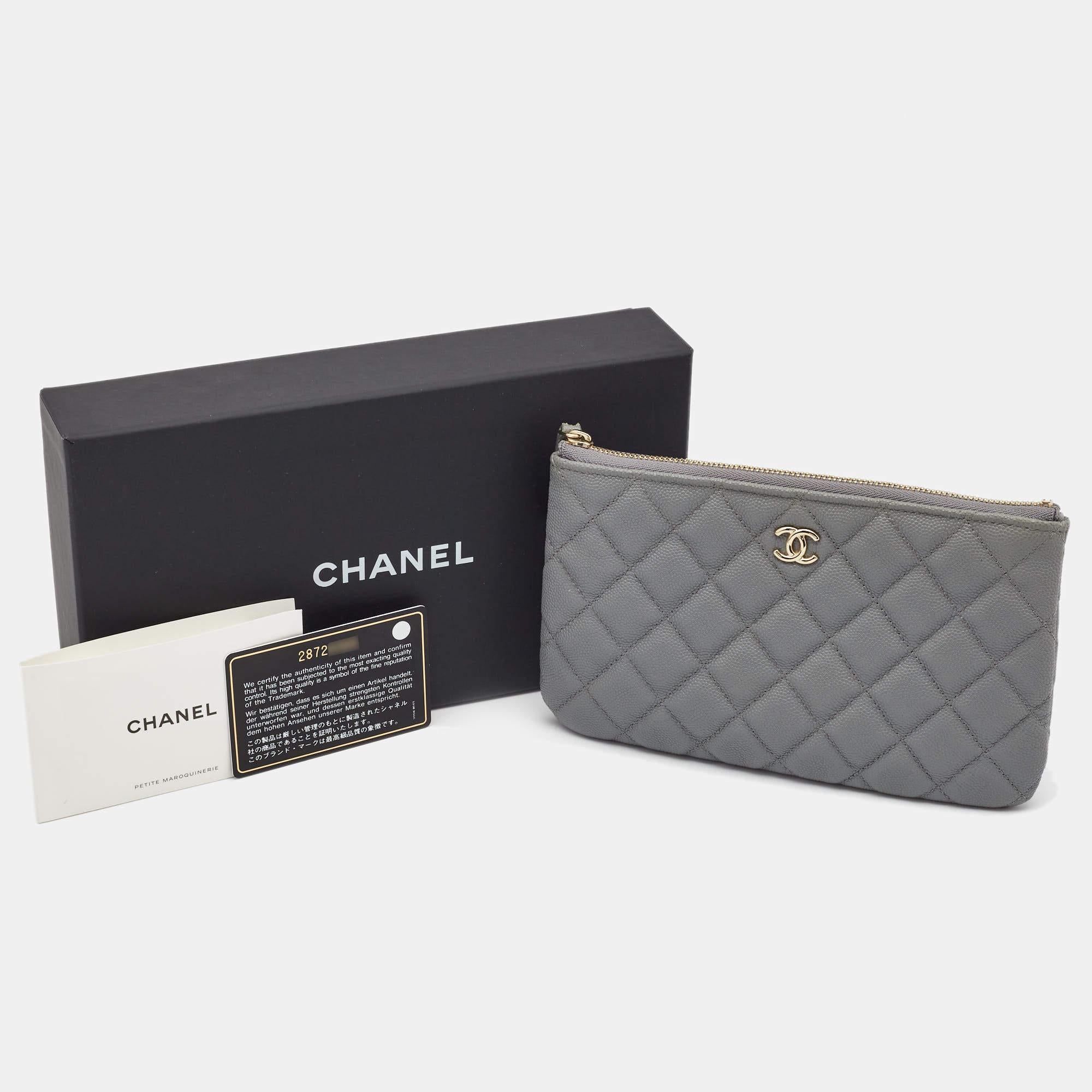 Chanel Grey Quilted Caviar Leather Medium O Case Zip Pouch 4