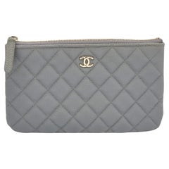 Chanel Grey Quilted Caviar Leather Medium O Case Zip Pouch
