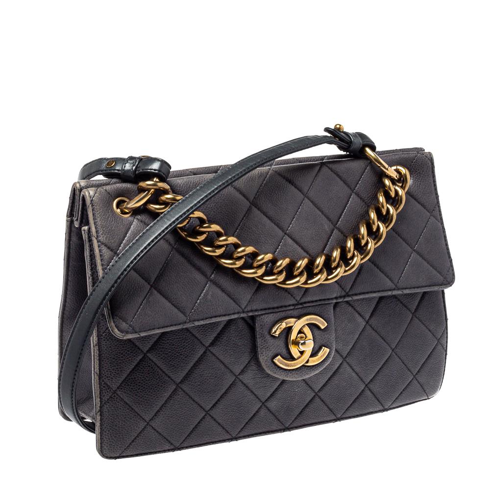 Chanel Grey Quilted Caviar Leather`Chain Top Handle Bag In Good Condition In Dubai, Al Qouz 2