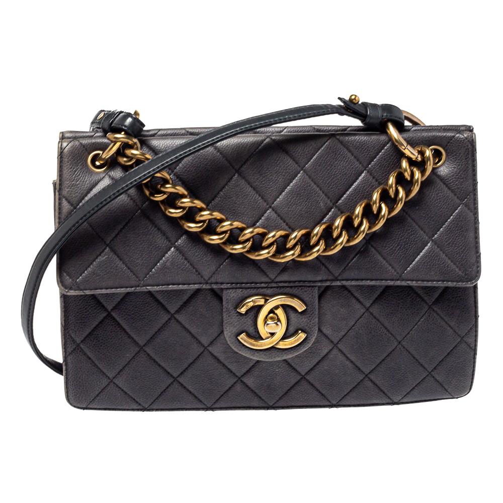 Chanel Grey Quilted Caviar Leather`Chain Top Handle Bag