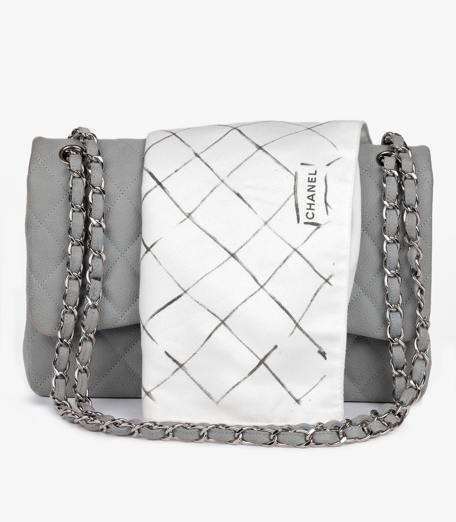 Chanel Grey Quilted Caviar Suede Jumbo Classic Double Flap Bag For Sale 9