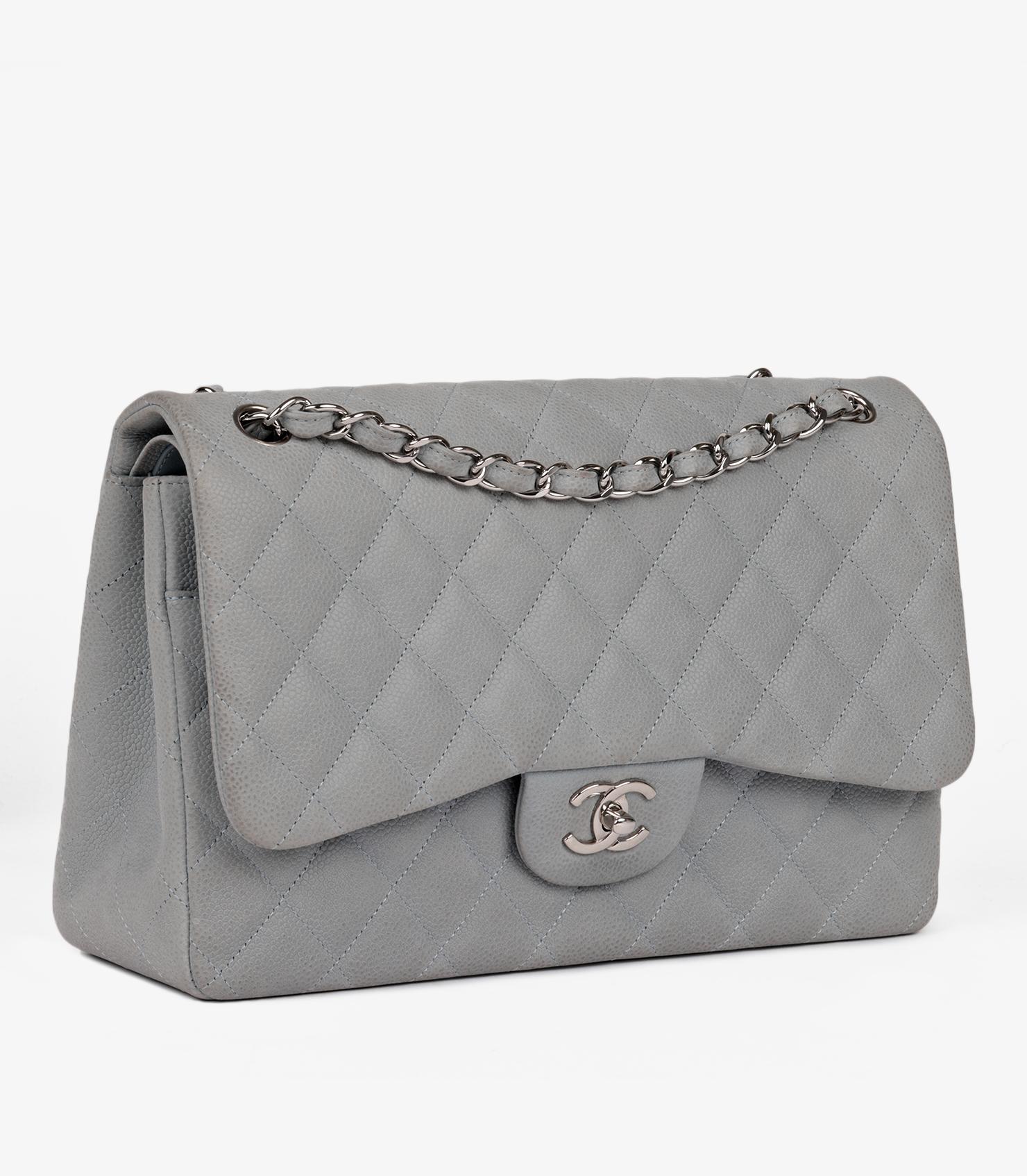 Gray Chanel Grey Quilted Caviar Suede Jumbo Classic Double Flap Bag For Sale