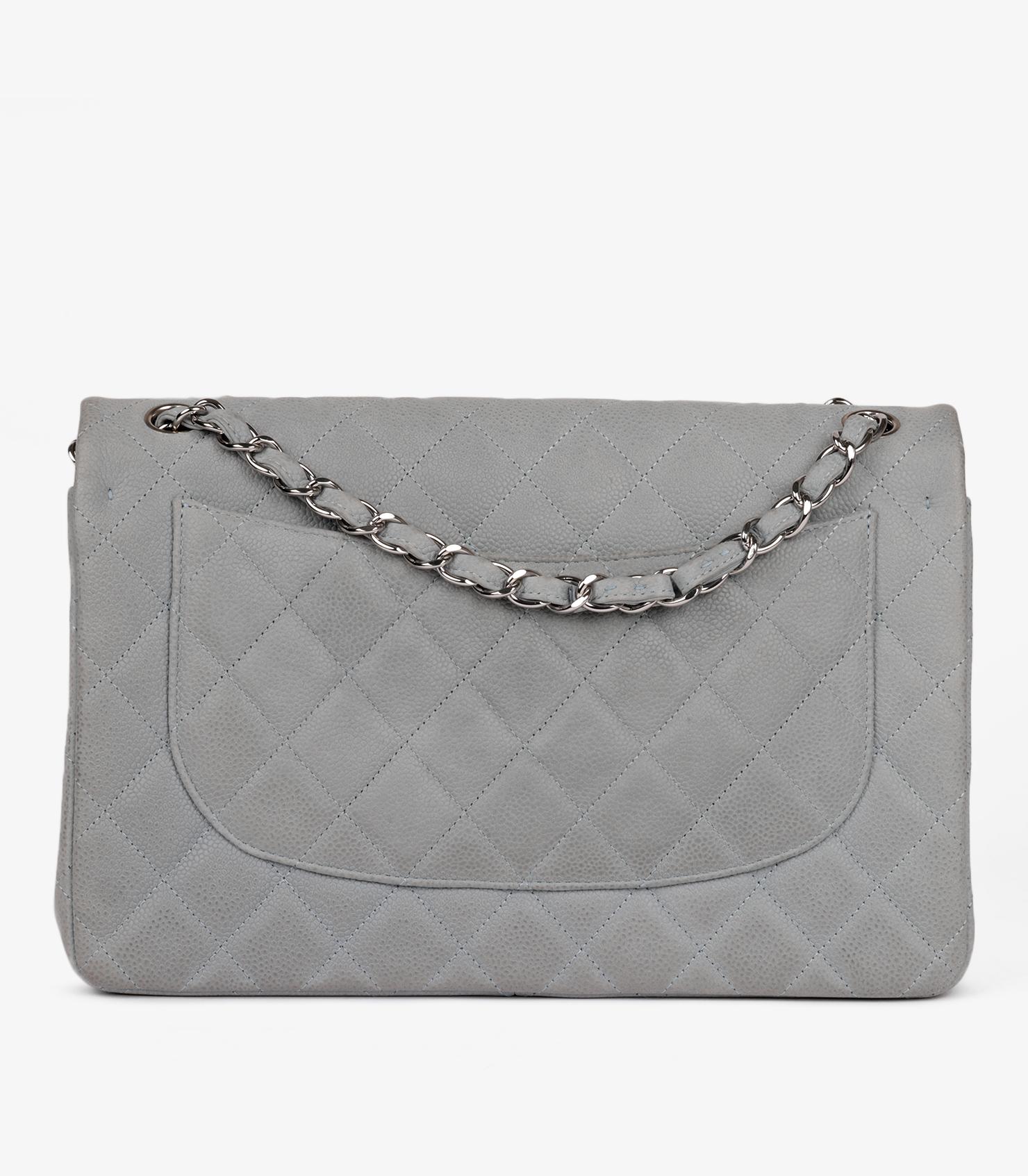Chanel Grey Quilted Caviar Suede Jumbo Classic Double Flap Bag For Sale 2