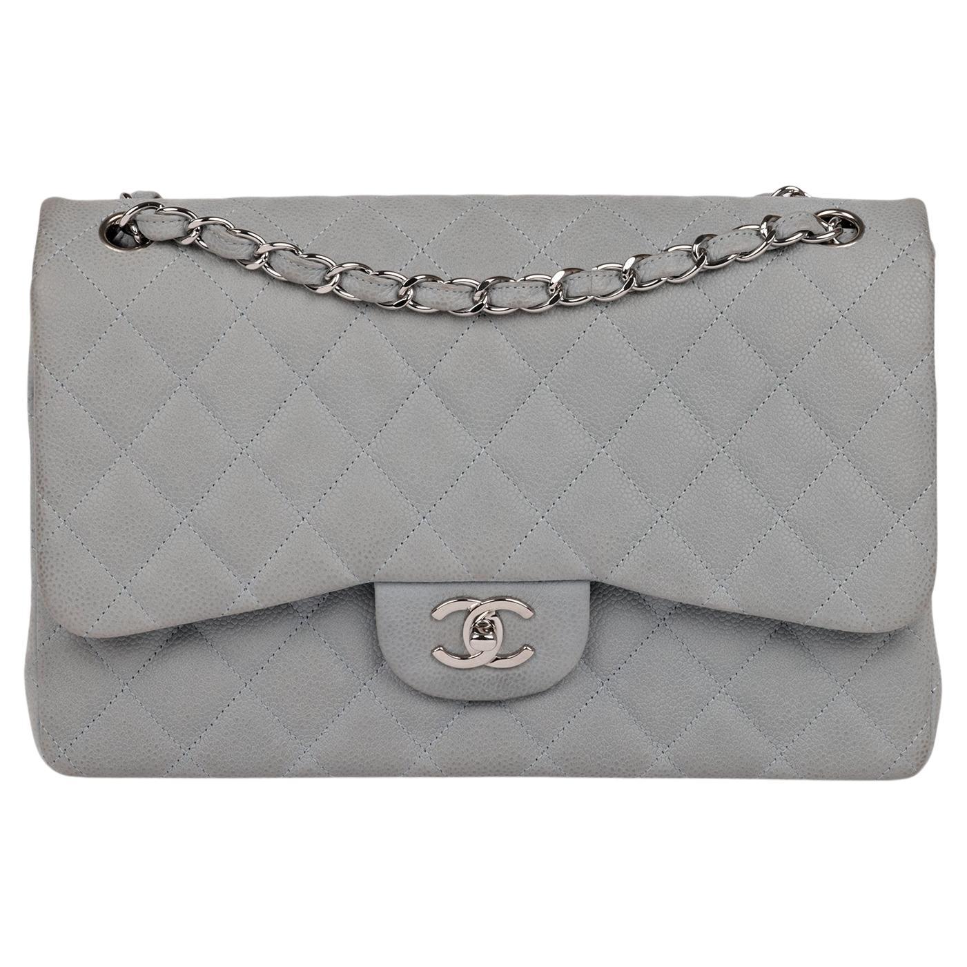 Chanel Grey Quilted Caviar Suede Jumbo Classic Double Flap Bag For Sale