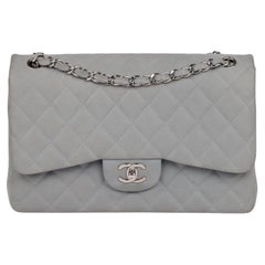 Chanel Grey Quilted Caviar Suede Jumbo Classic Double Flap Bag