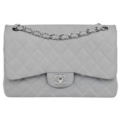 Chanel Grey Quilted Caviar Suede Jumbo Classic Double Flap Bag