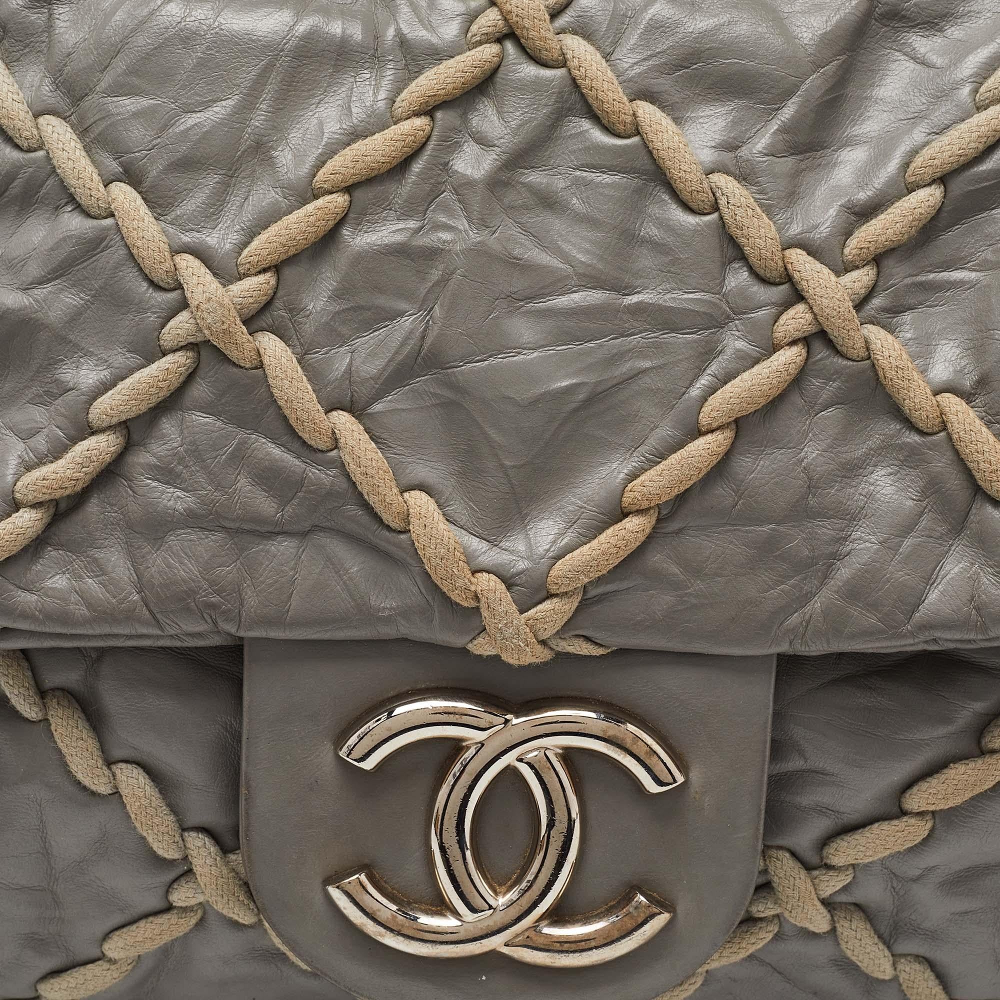 Chanel Grey Quilted Crinkled Leather Ultra Stitch Classic Flap Bag 2