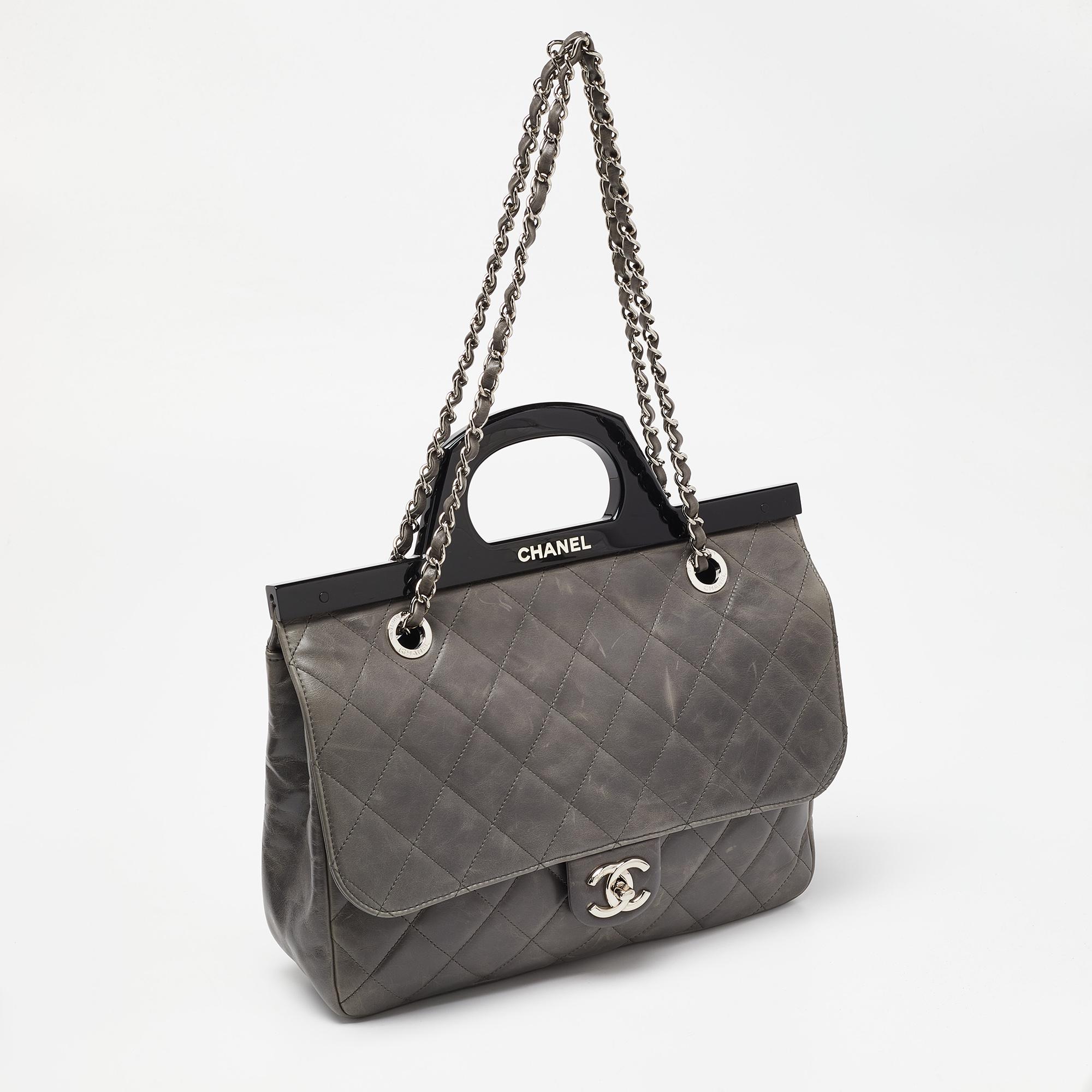 Gray Chanel Grey Quilted Glazed Leather Small CC Delivery Bag For Sale
