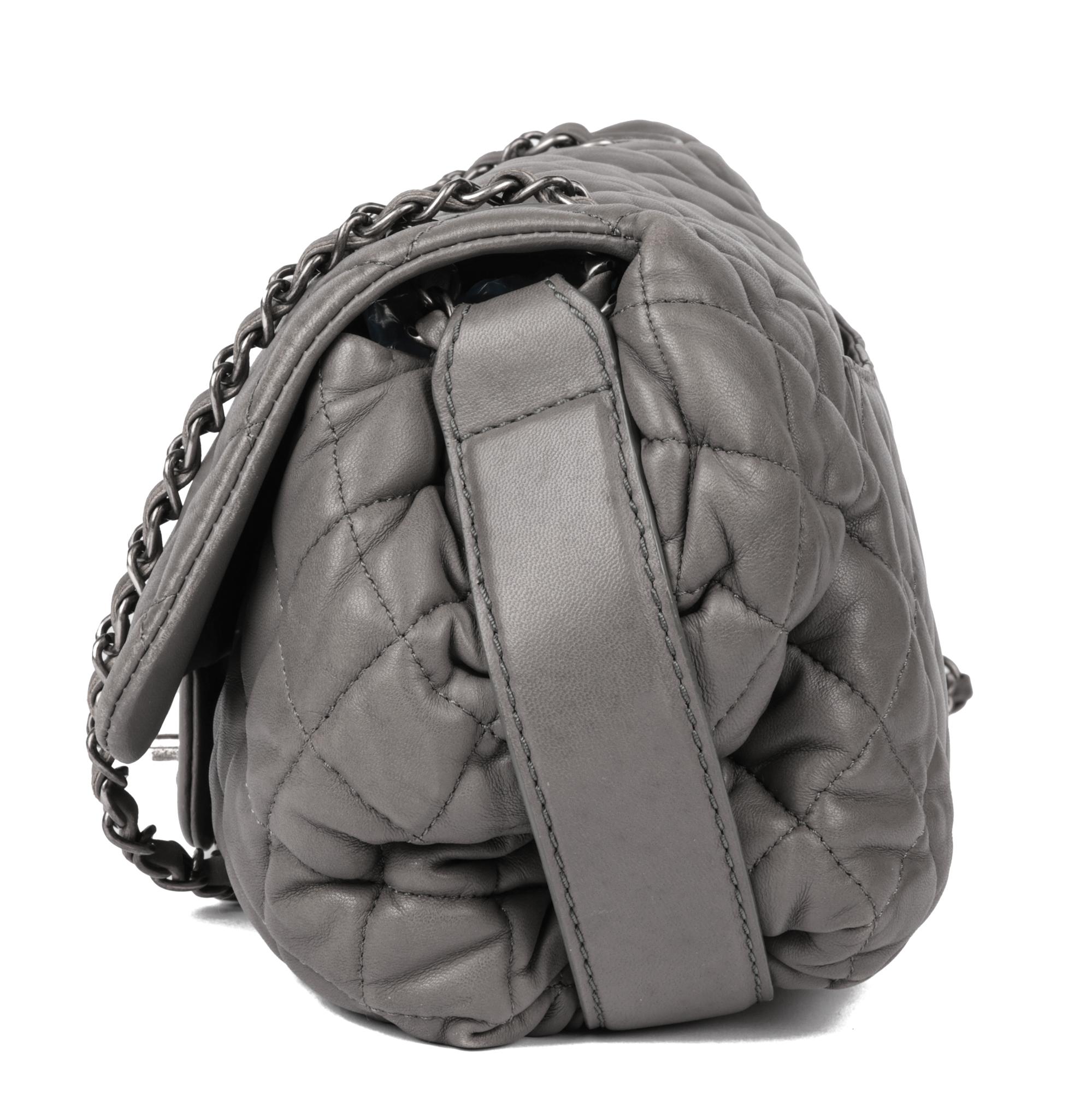 CHANEL Grey Quilted Lambskin Classic Single Flap Bag In Excellent Condition For Sale In Bishop's Stortford, Hertfordshire