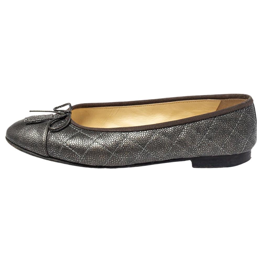 Chanel Grey Quilted Leather Ballet Flats Size 36.5 at 1stDibs