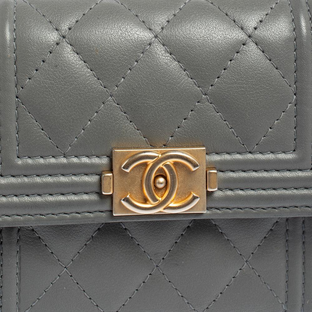 Chanel Grey Quilted Leather Boy Card Holder 1