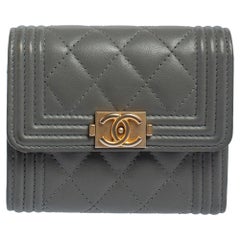 Chanel Grey Quilted Leather Boy Card Holder