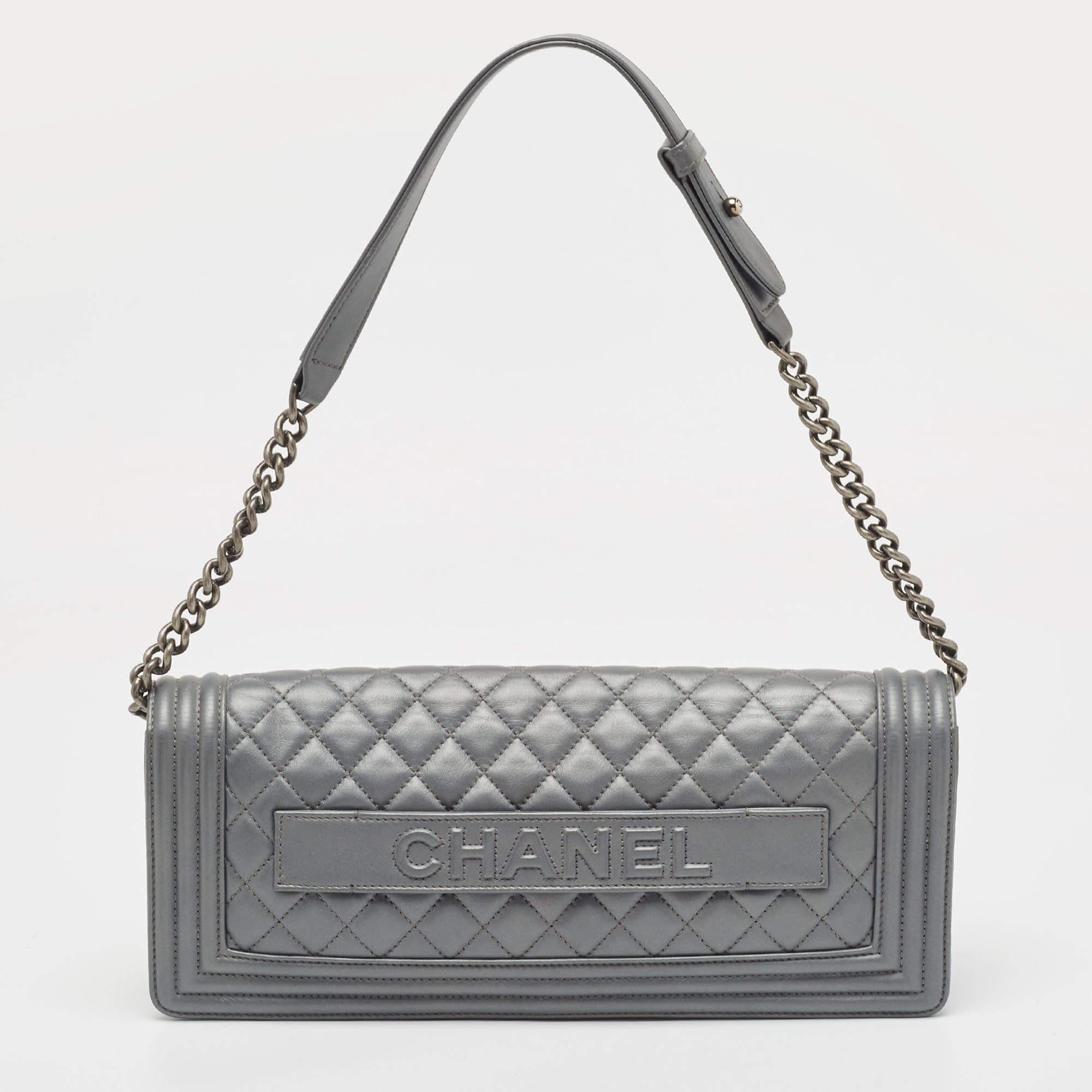 Chanel Grey Quilted Leather East West Boy Bag For Sale 4