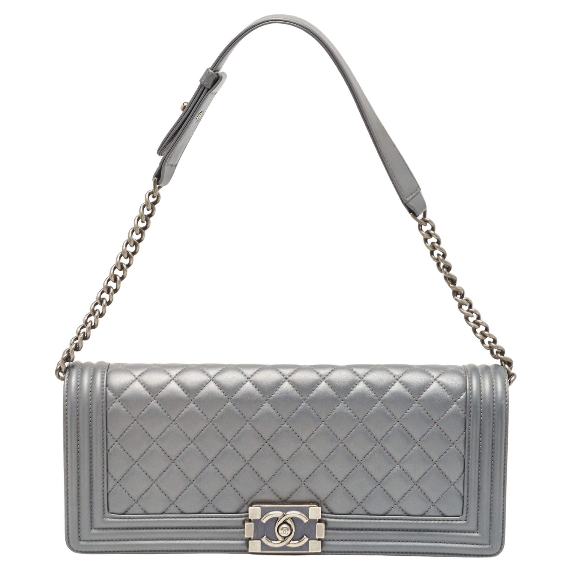 Chanel Grey Quilted Leather East West Boy Bag For Sale